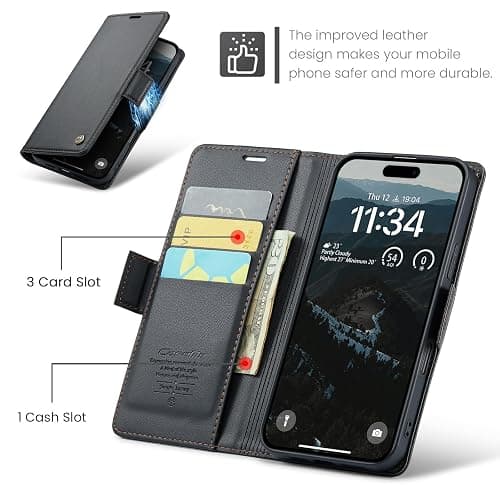 Rerzoiro for iPhone 16 Case 6.1 Inch, Premium PU Leather Wallet Case Flip Cover with [RFID Blocking][Card Holder][Stand Function] Shockproof Protective for iPhone 16, Black thumbnail 3