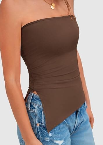 PRETTYGARDEN Womens Summer Tube Tops 2026 Trendy Strapless Ruched Going Out Tops Outfits Asymmetrical Bandeau Shirts thumbnail 8