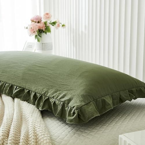 Shabby Chic Olive Green Body Pillow Cover - 20x54in Long Pillowcase with Ruffled Fringe Decor thumbnail 3
