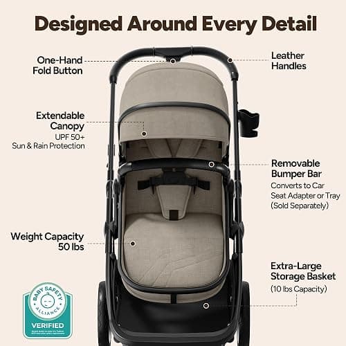 Mompush Wiz 2-in-1 Bassinet Stroller Reversible Seat, One-Hand Fold, Khaki | Newborn to toddler, large wheels with suspension, multi-position recline, UPF 50+ canopy, large basket, cup holder included thumbnail 4