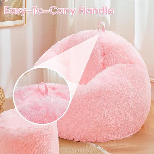 Pink fluffy bean bag chair covers (No Filler), comfy Plush Pink bean bag chair Cover for bedroom, stuffed animal Storage, kids adults teens girls bean bag chairs, Anti-Slip thumbnail 5