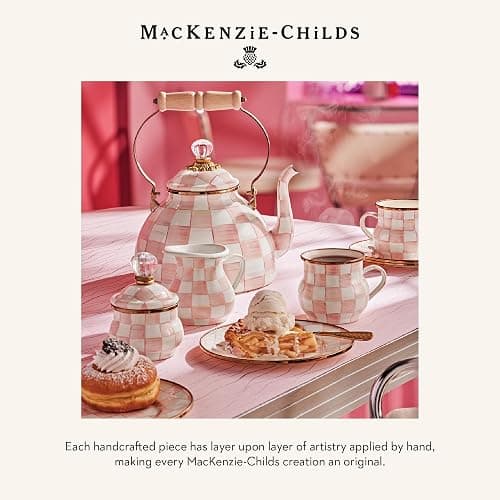 MACKENZIE-CHILDS Enamel Tall Vase, Pink-and-White Rosy Check | Hand-painted design, decorative flower vase and bouquet holder, made from enameled steel, 6" dia. x 10" H thumbnail 2