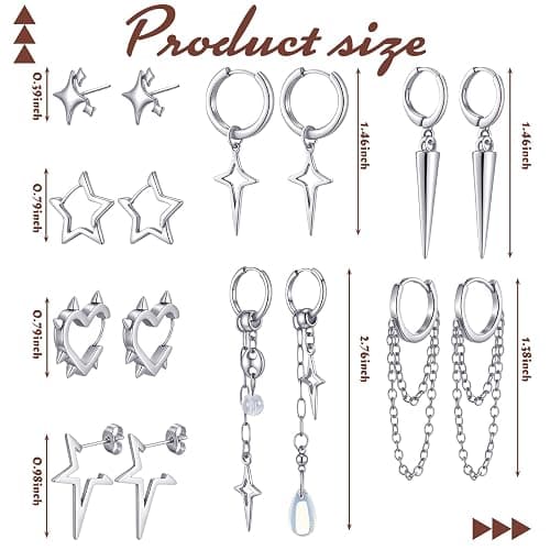 Quelay 8 Pairs Dangle Hoop Earrings for Men Women Punk Y2k Goth Gothic Tassel Chain Drop Star Moon Stud Earrings Gift thumbnail 2
