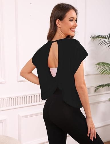 Fhniepan Open Back Tops for Women Oversized Short Sleeve Workout T Shirts Backless Y2k Athletic Crop Running Tees thumbnail 3