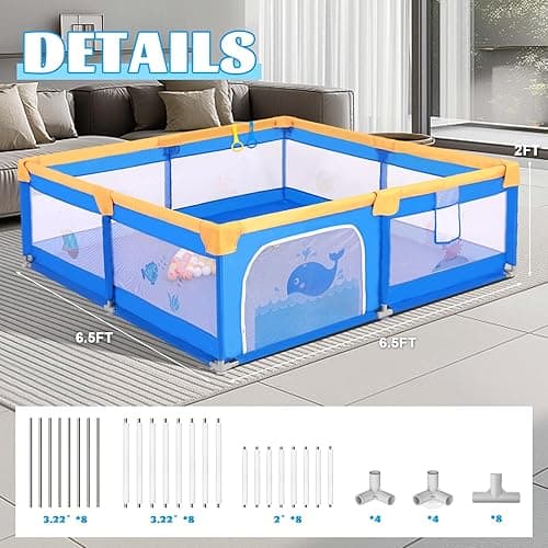 Arejonner Baby Playpen for Toddlers: 6.56x6.56 ft Kid-Safe Enclosed Play Yard | Non-Slip Base, Breathable Mesh - Easy-Portable for Indoor & Outdoor Baby Play Spaces - Blue thumbnail 3
