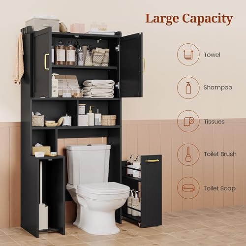 UPOSOJA Over The Toilet Storage Cabinet with Pulley Small Bathroom Storage Cabinet, Space Saver W/Adjustable Shelf & Open Shelf for Bathroom, Restroom, Laundry (Black) thumbnail 6