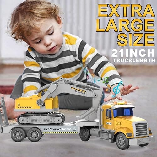 DOWELLIN Transports Trucks Kids Toys, 22" Large Semi Truck Toy Carrier and Excavator Truck with Sound&Light,Friction Powered Cars Toys Birthday for Childs-Yellow thumbnail 5