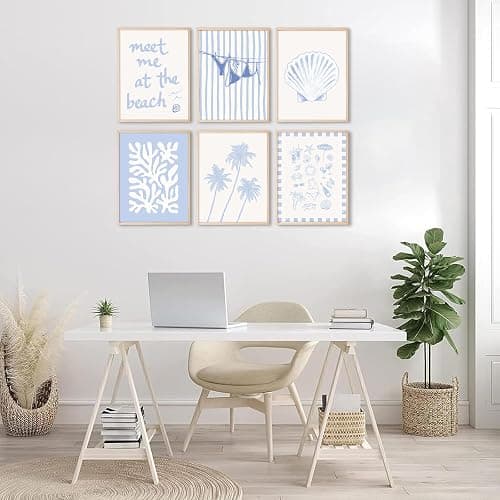 Blue Coastal Wall Art Decor Beach Preppy Canvas Poster Coastal Granddaughter Prints Aesthetic Beachy Picture Summer Bikini Coast Artwork Ocean Cute Shell Painting for Girly Dorm 8x10x6 Inch Unframed thumbnail 7