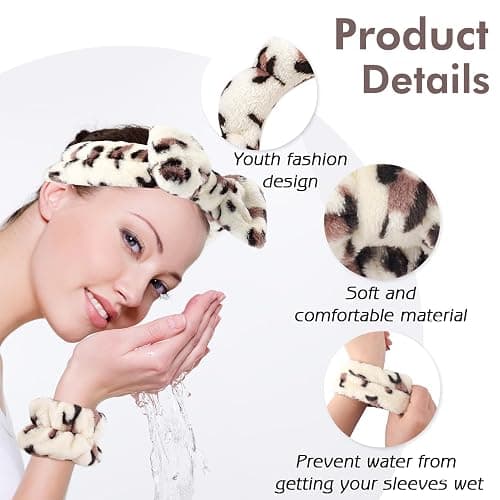 Zkptops 6Pcs Spa Headband for Washing Face Wristbands Set Women Bubble Makeup Sponge Plush Padded Puffy Skincare Headband Bow Tie Hairband Cute Non Slip Thick Hair Accessory Gifts(Beige Leopard) thumbnail 3