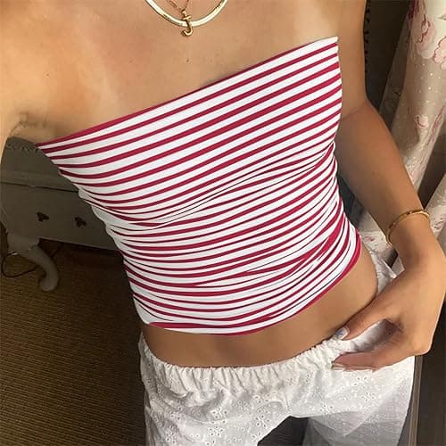 Cioatin Women Strapless Striped Bandeau Tube Tops Y2K Aesthetic Sleeveless Backless Crop Tank Going Out Summer Girls thumbnail 3
