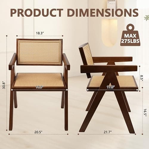CLATINA Rattan Reading Chair for Bedroom Comfy Indoor Kitchen Dining Chair with Rattan Backrest Armrest Morden Upholstered Seat Wood Chair for Home Living Room Farmhouse Restaurant(1PK) - 1PK - Light Beige thumbnail 2