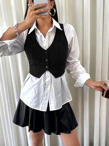 SweatyRocks Women's Solid Button Front Crop Waistcoat V Neck Sleeveless Blazers Vest Tops thumbnail 6