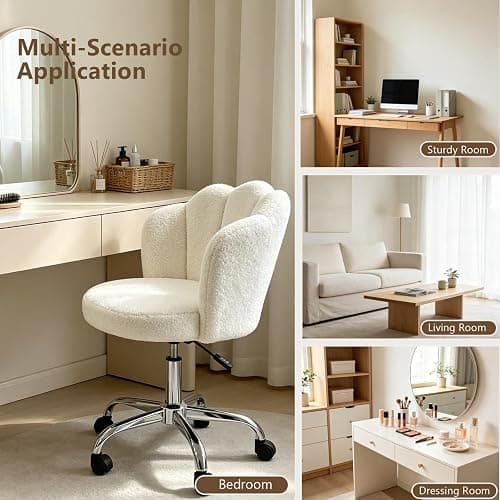 Vanity Chair with Teddy Fleece, Armless Swivel Desk Chair | Adjustable Height | 360° Swivel for Makeup | 47cm WideSeat for Bedroom, Home Office, Small Space | Up To 300lb(Cream White) thumbnail 5