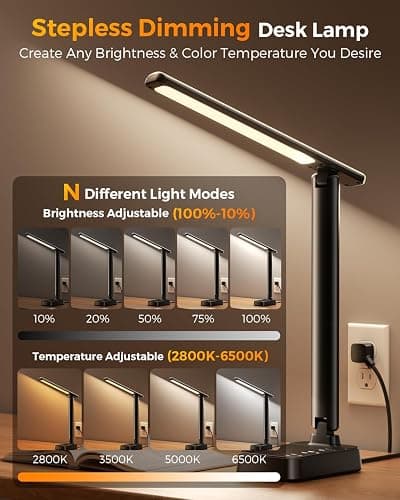 Airlonv LED Desk Lamp for Office Home, Power Strip with 3 Outlets 4 USB Charging Ports(2 USBC), 4 Modes 5 Level Brightness Desk Light, Small Desk Lamp for College Dorm Room Essentials thumbnail 3
