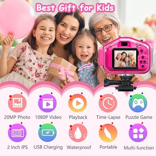 Agoigo Kids Waterproof Camera - Children Underwater HD Video Digital Camcorder, Portable Travel Toy for Toddler - Ideal Christmas Birthday Gifts for Boys Girls Age 3-12 with 32GB Card (Rose Red) thumbnail 2