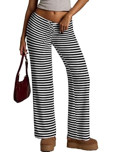 Luckydora Women's Flared Knit Pants High Waisted Wide Leg Striped Lounge Bottoms Soft Stretchy - Image 1
