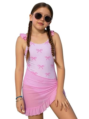 Ecolala Girls One Piece Swimsuits Ruffle Straps Bow Stripe Print Cute Bathing Suits with Mesh Swim Cover Up Skirt thumbnail 2