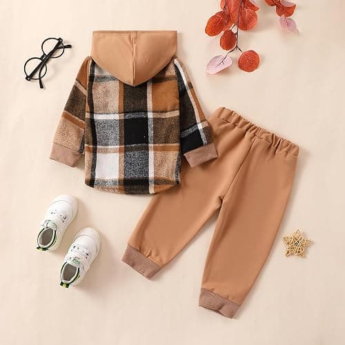 Douhoow Toddler Unisex Baby Clothes Boys Girls Flannel Shirt Tops Plaid Hoodie Sweatshirt + Sweatpants Fall Winter Outfits thumbnail 3