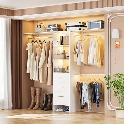 PatioPerk Closet System with Drawers, 8FT Walk in Closets Organizer with 3 Shelving Towers, 96" Wooden Storage Systems with Hanging Pods, Built-in Garment Rack for Bedroom thumbnail 8