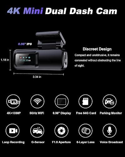 Dash Cam Front and Rear 4K+1080P, 5GHz WiFi, App Control, with 64GB Card | 24H Parking Mode, G-Sensor Locks Important Footage, Loop Recording, Easy Video Transfer and Playback thumbnail 8