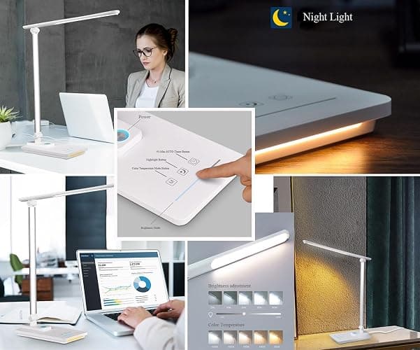 TECHNOVA LED Desk Lamp with 5 Color Temperatures | Sliding Stepless Dimming & One-Touch Timer | Foldable & Portable Design for Office/Study/Nail Art | USB Charging & Four-Axis Rotation for Small Desks thumbnail 2