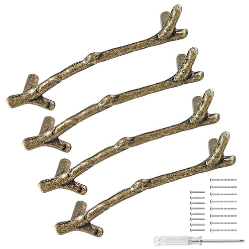 HARSKIYER 4pcs Bronze Twig Drawer Pulls Handles, 3-3/4 Inch Hole Center Zinc Alloy Rustic Kitchen Hardware Natures Branch Drawer Pulls Tree Door Handle for Kitchen Wardrobe Farmhouse Cabin - Image 1