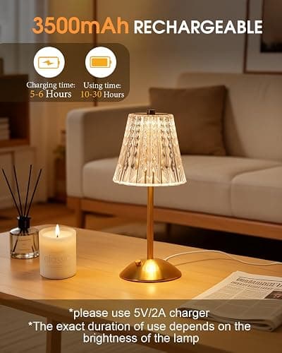 Nusogon Rechargeable Cordless Table Lamp, Touch Control Crystal Desk Lamp with 3500mAh Battery, 3 Color Dimmable LED Small Lamp for Bedroom Bedside Restaurant Kitchen Home Decor thumbnail 5