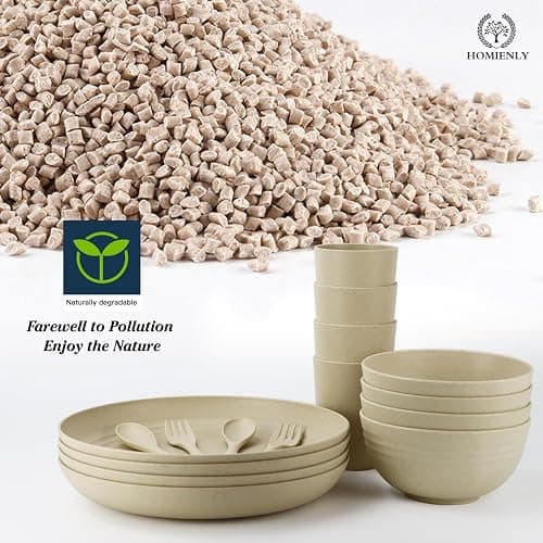 Homienly Wheat Straw Dinnerware Sets, 20pcs Lightweight Unbreakable Dinnerware, Microwave Dishwasher Safe Bowls Cups Forks Spoons set,Perfect for Camping Outdoor, Beige thumbnail 3