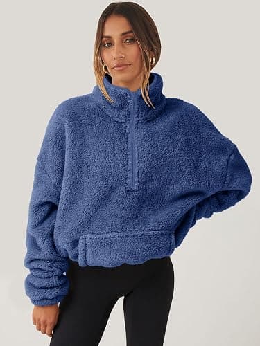 ANRABESS Sweatshirt for Women Zip Up Hoodies Cropped Pullover Fleece Hooded Sherpa Sweaters Tops 2025 Fall Winter Clothes thumbnail 2