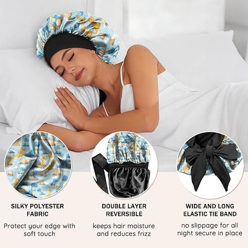 Deokke Satin Hair Braid Bonnet for Sleeping Double Layer Elastic Wide Soft Tie Band Hair Silk Lined Sleep Cap Women Girls thumbnail 3