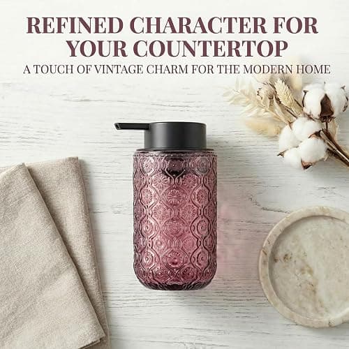 zuxzmj Pink Glass Foaming Hand Soap Dispenser with Matte Black Pump Thick Embossed Bottle Refillable for Bathroom and Kitchen Decor 13.5 oz thumbnail 4