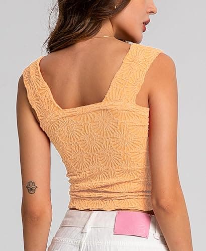 Women's Square Neck Wide Strap Crop Tank Tops Flower Going Out Tops Slim Fit Lettuce Trim Crop Cami Tops thumbnail 4