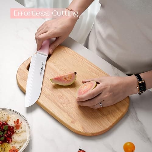 Astercook Knife Set, Kitchen Knives Set with Block and Sharpener Ceramic Coating 15 Pcs German Stainless Steel Knives Sharp Blade Dishwasher Safe Deba Knives with Ergonomic Handle, Crystal Pink thumbnail 7