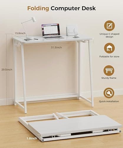 POLWKZU Folding Desk Small Foldable Desk for Small Space, 31.5 Inches Writing Computer Desks in Study, Home Office Foldable Office Desks for Bedroom, White thumbnail 2