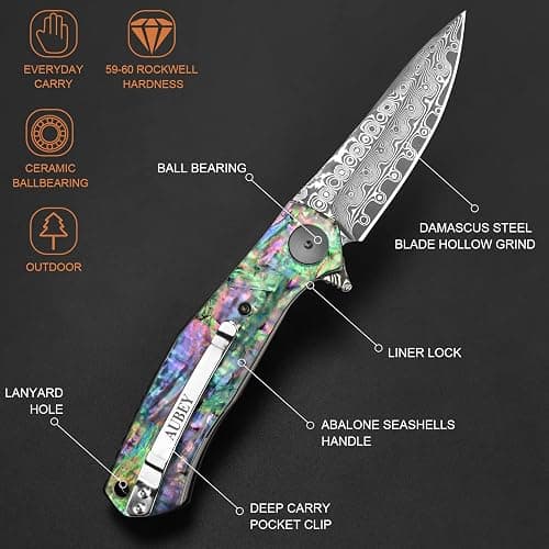 AUBEY Damascus Pocket Knife for Women Men, Sharp 3.23" Damascus Steel Blade Knife with Clip, EDC Hunting Knives with Abalone Shell Handle, Gift for Camping Outdoor thumbnail 5