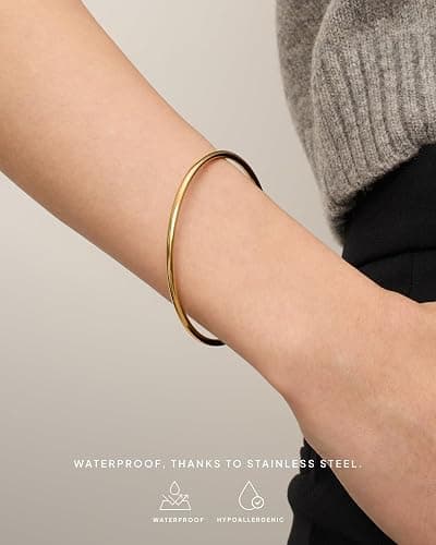 PAVOI 14K Gold Plated Bangle Bracelet for Women | Classic Lightweight Stacking Stainless Steel Bracelet | Single & 2-Pack Bangles thumbnail 5