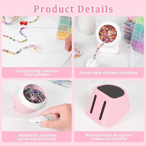 Clay Bead Spinner and Seed Bead Spinner, 2-in-1 Electric Bead Spinner for Jewelry Making, Bracelet Spinner and Necklace Making Machine with Bead Needles and Thread (Pink) thumbnail 6