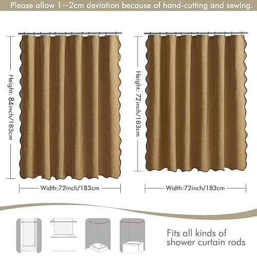 MIULEE Gold Brown Scalloped Shower Curtain Linen Textured with 12 Metal Hooks Cute Heavy Duty Washable Waterproof Thick Cloth Shower Curtains with Black Border for Bathroom Hotel Bathtub,W72*L72 thumbnail 6