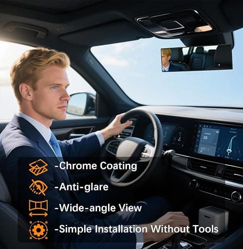 HmmtyRack Rear View Mirror, Chrome Anti-glare Panoramic Rear Mirrors Universal 10 Inch Convex Car Interior Clip on Extra Big Wide Angle Rearview Mirror Extender to Reduce Blind Spot for Car SUV thumbnail 5
