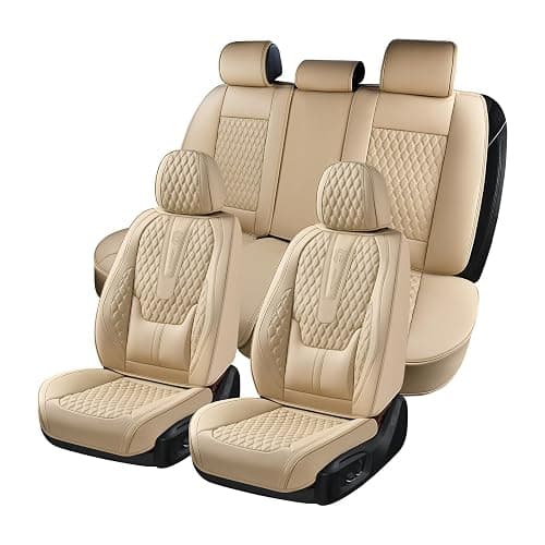 Coverado Car Seat Covers Full Set, Nappa Leather Seat Covers for Car, Waterproof Car Seat Protector with Lumbar Support, Automotive Seat Covers Universal Fit for Most Cars SUV Trucks (Beige) - Image 1