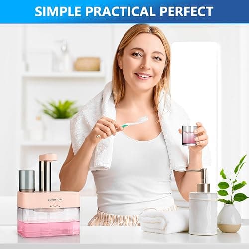ZOFGENOW Upgraded Automatic Mouthwash Dispenser for Bathroom,Bathroom Accessories 17.6 FlOz Dispensers with Magnetic Cups,Adjustable Dispensing Levels, Pink thumbnail 2