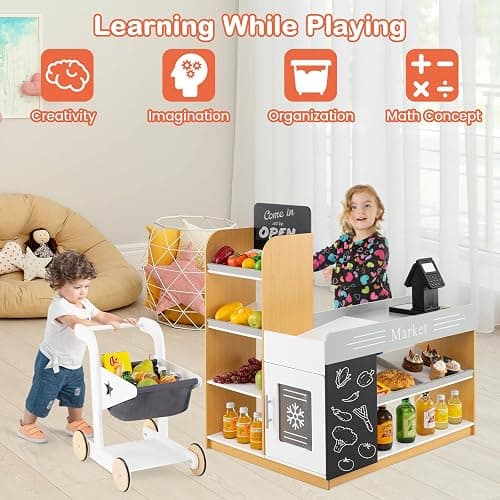HONEY JOY Kids Grocery Store Playset, Wooden Play Store with Shopping Cart, Toddler Supermarket Checkout Stand w/Blackboard, Display Shelves, Grocery Store Pretend Play, Gift for Boys Girls, Natural thumbnail 8