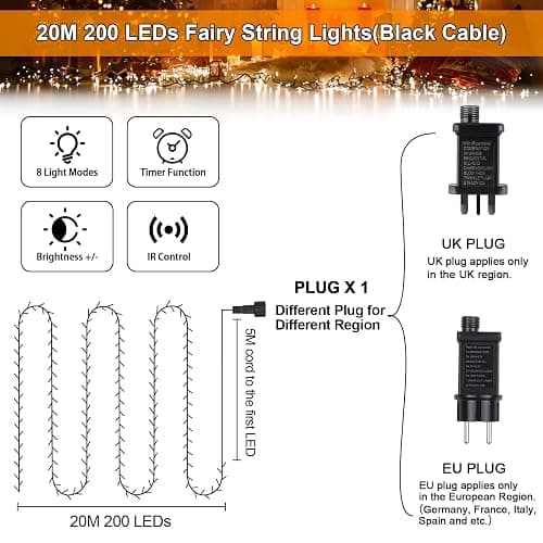 Fairy Lights Mains Powered 20M 200 LED Warm White Fairy Lights 8 Modes Fairy Lights Plug In with Remote Control & Timer for Christmas Outdoor Indoor Garden(Black Cable) thumbnail 2