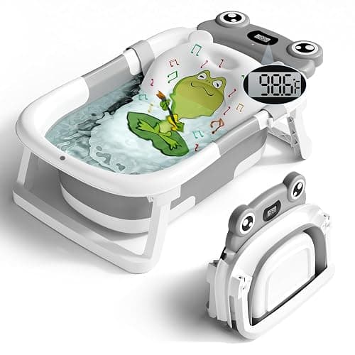 Baby Bathtub, Collapsible Newborn Bathtub for Infant to Toddler 0-24 Months with Soft Cushion and Thermometer,Portable Travel Newborn Tub with No-Slip Feet, Baby Shower Gifts,Grey - Image 1