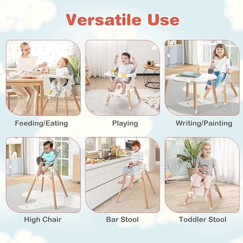 HONEY JOY Baby High Chair, 6 In 1 Convertible Wooden Highchair for Babies and Toddlers/Toddler Chair/Bar Stool, Removable Double Tray & Reversible Footrest, Safety Harness for Infant Boys Girls (Gray) thumbnail 5