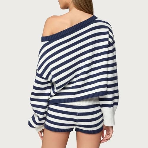 Women Striped Sweater Set Long Sleeve Sweater and Shorts Set 2 Piece Fall Matching Set Loungewear thumbnail 5