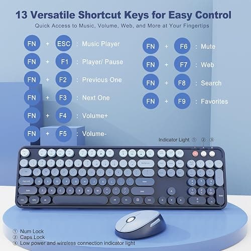 Nowlike Wireless Keyboard and Mouse Combo, Retro Typewriter Keyboard with Round Keycaps, Full-Size Ergonomic, Blue, Ideal for Windows PC, Home, Office, and College, Wireless Keyboard Mouse Combo thumbnail 3