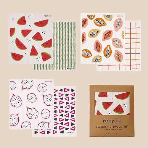 RECYCO Swedish Dishcloths for Kitchen | 6 Pack Tropical Fruit Washable Dish Rags | Cellulose Reusable Cleaning Paper Towels | Absorbent Counter Dish Cloth Sponge Kitchen Wipes, 8" L x 7" W thumbnail 9