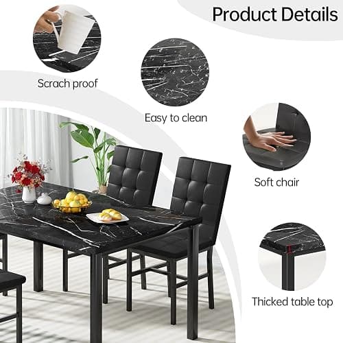 Hooseng Kitchen Table Set 5 Piece Dining Room Table Set Marble Dining Table 4 Chair Dining Table Set for Kitchen Living Room Breakfast Small Spaces (Black) thumbnail 8