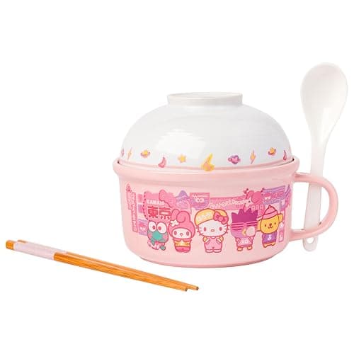 Silver Buffalo Sanrio Hello Kitty and Friends Featuring Keroppi, My Melody, Badtz-Maru, and Pompompurin Soup Mug and Bowl Lid with Spoon and Chopsticks, 13 Ounce Bowl Lid, 22 Ounce Soup Mug thumbnail 3